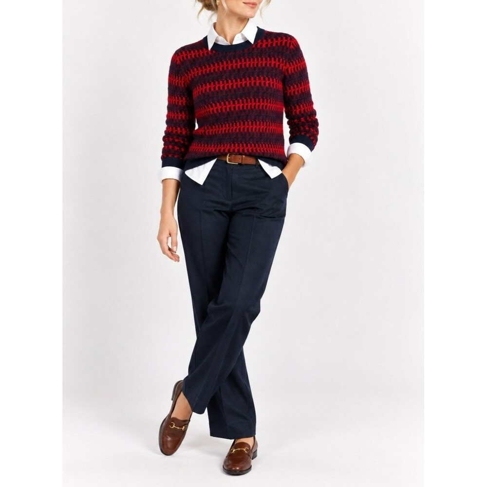 J.Crew Wool Blend Sweater Large Red Navy Geometric Textured Knit Preppy Heritage